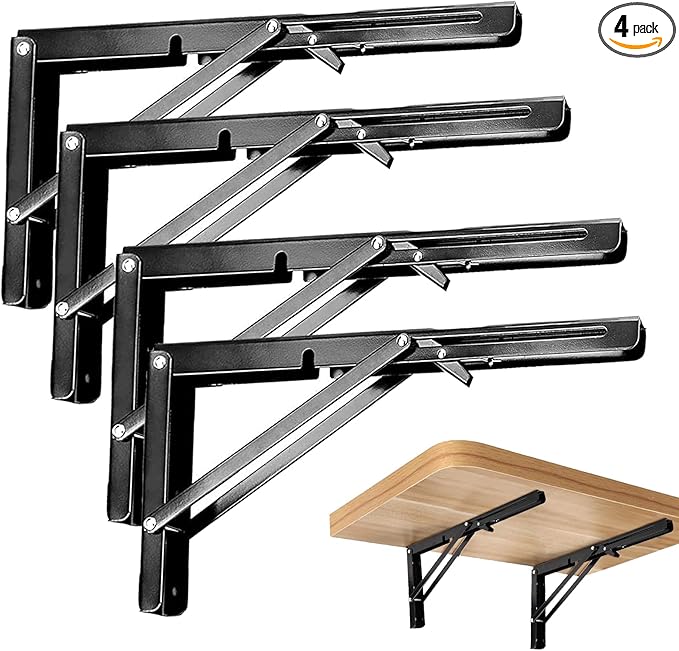 ZOENHOU 4PCS 14 Inch Folding Shelf Brackets, Max Load 440Lb Heavy Duty Metal Collapsible Shelf Locking Brackets, Wall Mounted Foldable Shelf Hinge for Work Bench Table