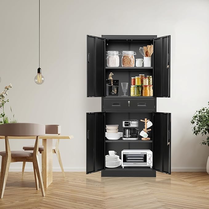 CMY Metal Storage Cabinet, 71" H x 28" W x 16" D Locking Storage Cabinet with Adjustable Shelves and One Drawer, Steel Cabinets for Office, Garage, Home, School, Utility Room(Black)