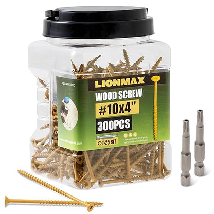 LIONMAX Deck Screws 4 Inch, Wood Screws #10 x 4, 300 PCS, Rust Resistant, Exterior Epoxy Coated, Outdoor Decking Screws, Torx/Star Drive Head Deck Screw, T25 Star Bit Included, Tan