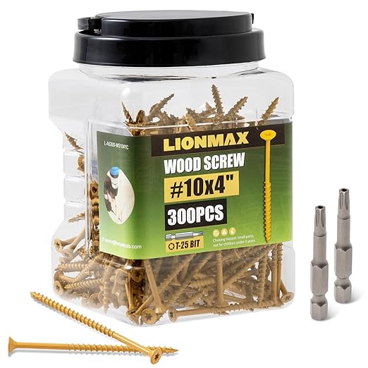 LIONMAX Deck Screws 4 Inch, Wood Screws #10 x 4, 300 PCS, Rust Resistant, Exterior Epoxy Coated, Outdoor Decking Screws, Torx/Star Drive Head Deck Screw, T25 Star Bit Included, Tan