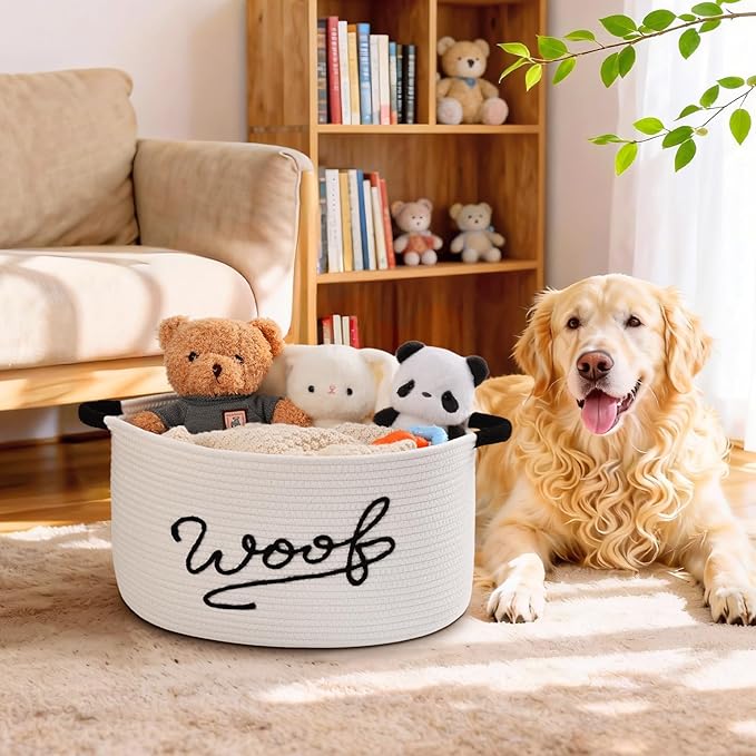 Woof Dog Toy Basket, Large Dog Toy Storage Bin with Durable Handles, Woven Dog Basket for Blankets, Toys, Chews, Pet Toy Storage Box for Nursery, Living Room, Bedroom, 17”x12”x9, White