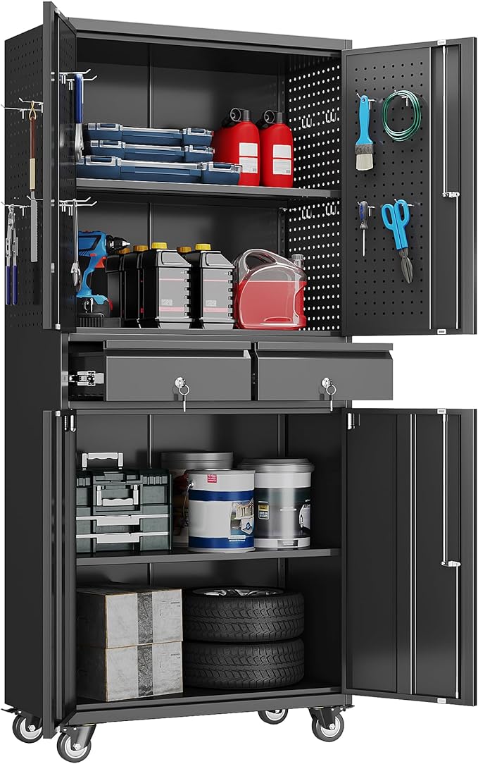 Garage Storage Cabinet with Wheels and 2 Drawers, 71" H Locking Metal Storage Cabinet with Pegboard Doors and 2 Adjustable Shelves for Garage, Warehouse, Home, Black, Assembly Required