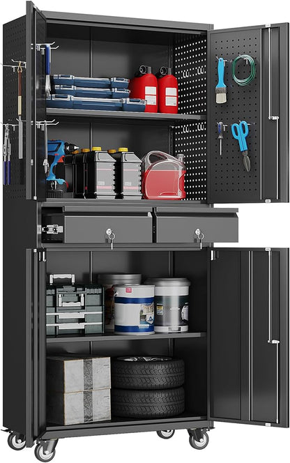 Garage Storage Cabinet with Wheels and 2 Drawers, 71" H Locking Metal Storage Cabinet with Pegboard Doors and 2 Adjustable Shelves for Garage, Warehouse, Home, Black, Assembly Required