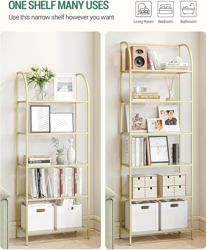 Bookcase Bookshelf, Tempered Glass Arched Bookshelf for More Storage, Slim Shelving Unit for Bedroom, Bathroom, Home Office, Steel Frame, Wide 6 Tier Gold BC22699G
