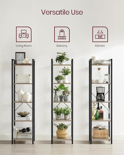 VASAGLE 5-Tier Bookshelf, Bookcase with Steel Frame, Book Shelf for Living Room, Home Office, Study, 11.8 x 15.7 x 60.2 Inches, Industrial Style, Heather Greige and Ink Black ULLS100B02
