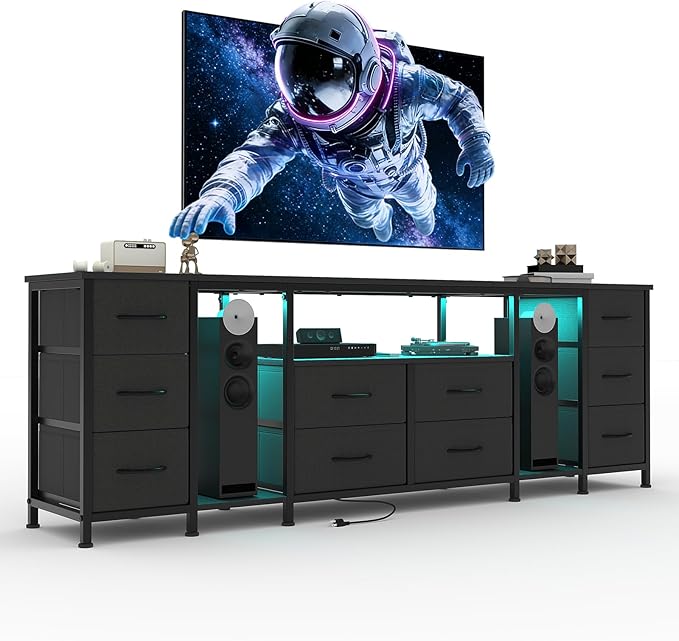 Garvee 10 Drawer Dresser, TV Stand with Fabric Drawers and Power Outlets for 75 70 65 Inch TV, TV Console Table, Entertainment Center with Open Storage Shelves for Living Room, Bedroom, Office, Black