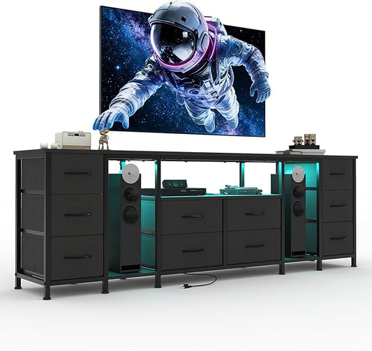 Garvee 10 Drawer Dresser, TV Stand with Fabric Drawers and Power Outlets for 75 70 65 Inch TV, TV Console Table, Entertainment Center with Open Storage Shelves for Living Room, Bedroom, Office, Black