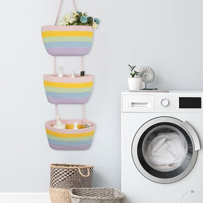 TeoKJ Over the Door Organizer, 3-Tier Woven Cotton Hanging Storage Baskets, Wall-Mounted Baskets for Nursery Organization, Rainbow