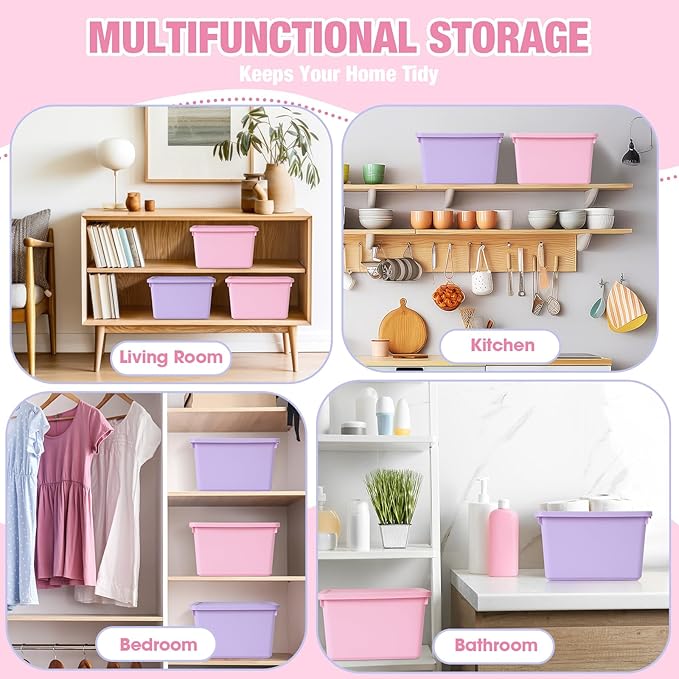 6 Pack Cute Plastic Storage Bins with Lids Decorative Stackable Storage Boxes 9.8" ×7.3" ×5.7" Small Storing Totes for Organizing Craft Office Supplies (Pink,Purple)