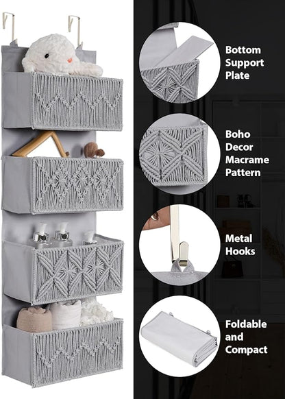 Macrame Over the Door Organizer Boho Decor Nursery Storage, Leaf Weaving Closet Storage, 4 Hanging Pockets, Behind Door for Bathroom, Bedroom,Grey