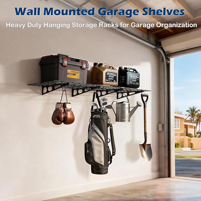 2x3 Ft Garage Wall Shelving, 700 lbs Heavy Duty Metal Garage Shelf Storage Organization, 24x36 Inch Wall Mounted Floating Shelves with Hooks, High Capacity, Space Saving, 2 Pack