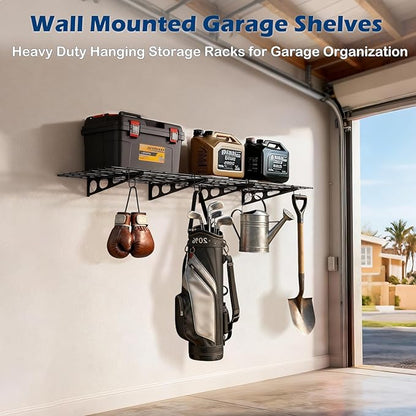 2x3 Ft Garage Wall Shelving, 700 lbs Heavy Duty Metal Garage Shelf Storage Organization, 24x36 Inch Wall Mounted Floating Shelves with Hooks, High Capacity, Space Saving, 2 Pack