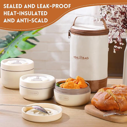 Dandat 3 Pcs Portable Insulated Lunch Container Set for Adult, Stackable Stainless Steel Bento Box for Hot Food with Insulated Lunch Bag Unisex 3 Separate Thermal Food Container(Beige)