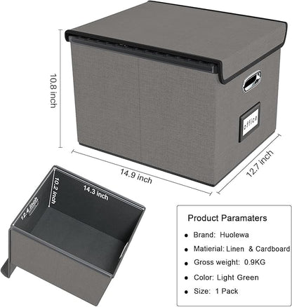 Huolewa File Organizer Box with Lid, Collapsible File Folder Organizer for Office Document Storage, Filing Box with Plastic Slide for Letter Size Hanging File Folders(1 Pack, Smoky Grey)