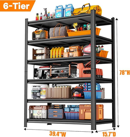 Metal Garage Shelving Unit, 6-Tier 78" H x 39.4" W x 15.7" D Tall Storage Shelves, Heavy Duty & Adjustable, Slim Design Utility Rack for Kitchen, Pantry, Basement, Warehouse