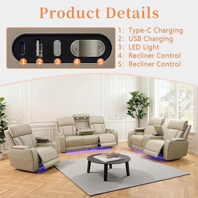 Living Room Furniture Sets, Power Recliner Sofa Set, Modern Leather Reclining Couch Furniture Set for Living Room, Includes 2 Recliner Chairs and 1 3-Seater Reclining Couch for Home and Office