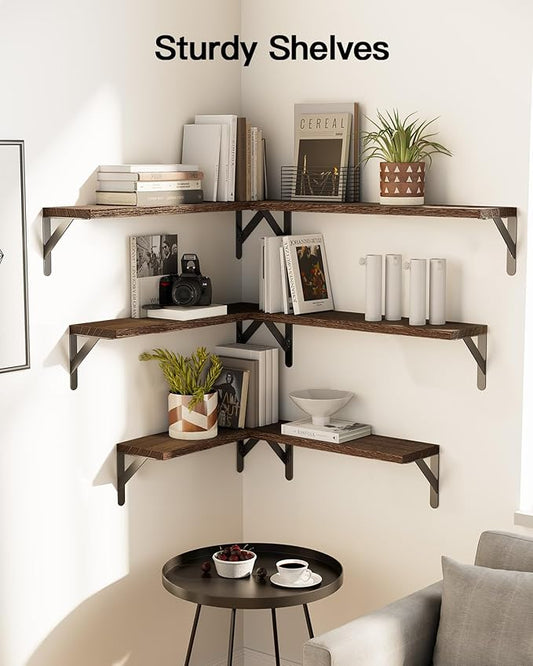 AMADA HOMEFURNISHING Long Wall Shelves, Rustic Farmhouse Style, Wood Floating Shelves for Wall Decor, Bathroom & Bedroom Storage, Living Room Book Shelves, Brown - 6pcs