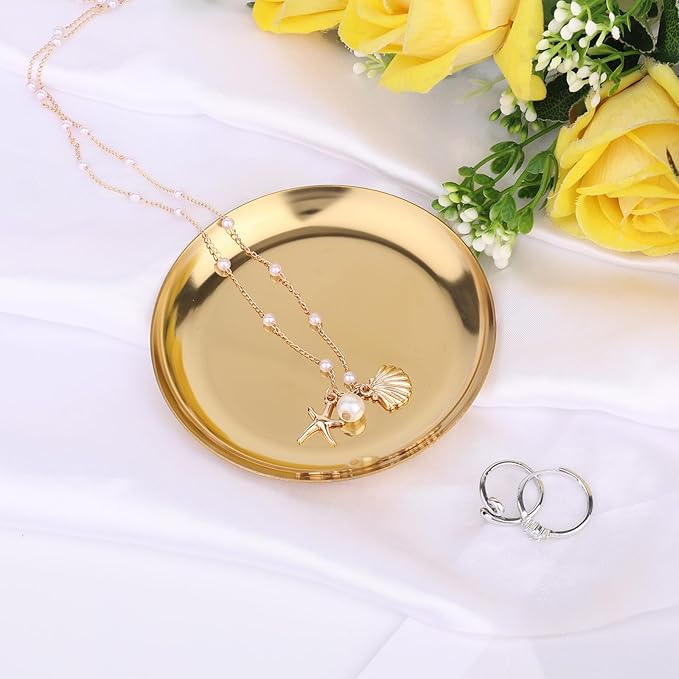 2pcs Gold Round Serving Trays, Stainless Steel Trinket Dish Decorative Jewelry Tray Small Gold Platters for Jewelry Cosmetics Countertop Dish