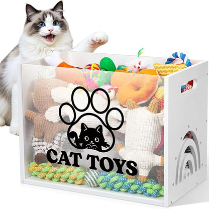 Large Cat Toy Basket Cat Toy Box Wooden Storage Bin with Acrylic Board Storage Box for Puppy Toys Pet Food and Accessories Organizer Holder Basket for Living Room Area(White, Cat)
