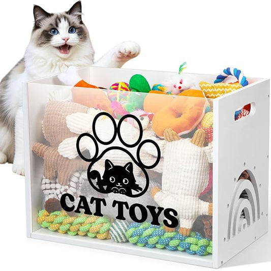 Large Cat Toy Basket Cat Toy Box Wooden Storage Bin with Acrylic Board Storage Box for Puppy Toys Pet Food and Accessories Organizer Holder Basket for Living Room Area(White, Cat)