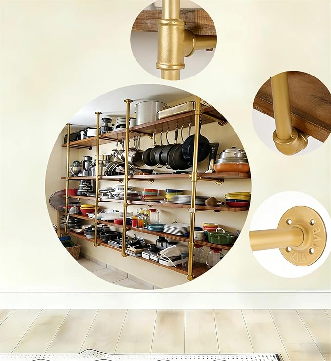 Gold Industrial Wall Mount Iron Pipe Shelf Bracket,Retro DIY Open Bookshelf,Storage Shelves, Ceiling hung Shelves for Home Kitchen Bathroom Living Room Office(2PcsX5Tier,68"Tall,10"deep,Hardware Only)