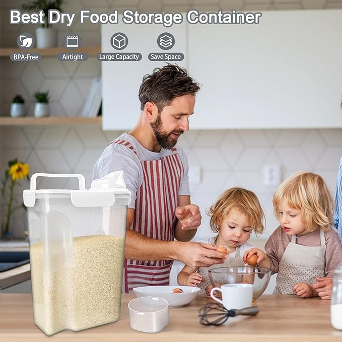 Rice Container, Airtight Rice Storage Container 10lb, Cereal Containers Storage, BPA Free Food Dispenser with Pouring Spout Handle for Flour Pasta Grain, Pet Dog Cat Bird Food Storage Container