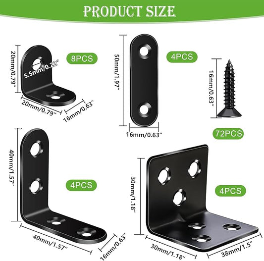mxuteuk 96PCS L Brackets for Shelves & Flat Plate Straight Bracket,Black Stainless Steel Shelf Brackets,L Shape Heavy Duty Metal Corner Brace for Wood Furniture Cabinet Chair (0.78,1.2,1.57,1.97inch)