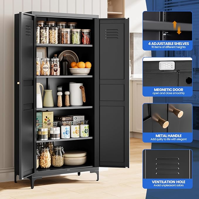 MIIIKO Storage Cabinet with Doors, Metal Pantry Cabinet, Tall Kitchen Storage Cupboard with 4 Shelves, Freestanding Cabinet for Laundry Room, Garage and Bathroom