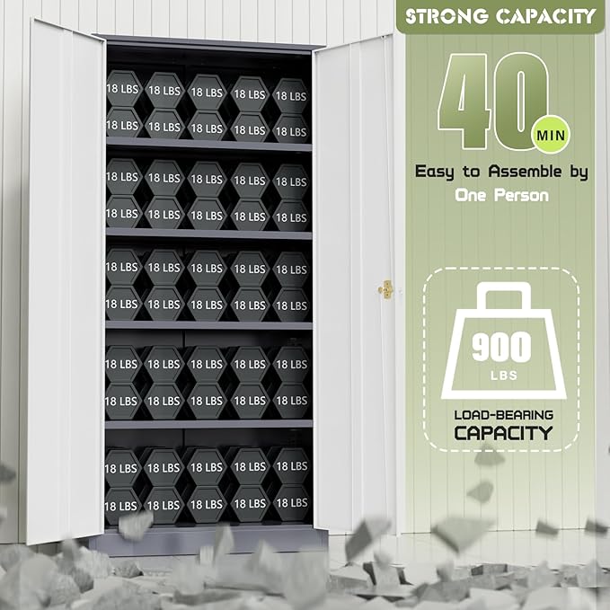 Oakcloud Metal Storage Cabinet Tool Organizer, 72" Lockable Garage Storage Tool Cabinets with 2 Doors and 4 Adjustable Shelves, Locking File Cabinet for Office, Home, School (72“ Standard-GreyWhite)