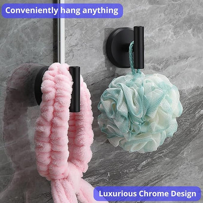 HOME SO Suction Cup Hooks for Shower & Bathroom Towel Holder 2-Pack – Suction Cups Hooks for Hanging Towels, Robes, & Coats - Tiles, Glass Door or Mirror – Shower Hooks & Towel Hooks - Black T-Shape