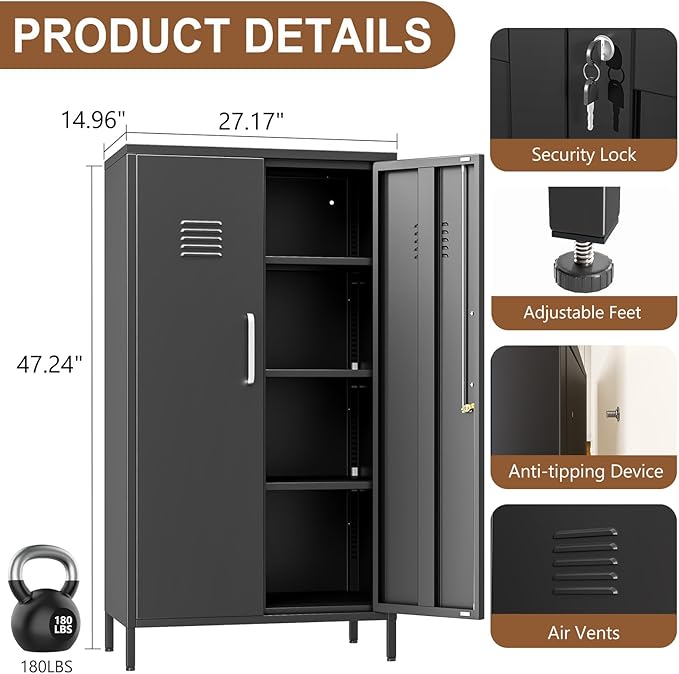 47.24" Metal Storage Locker with Lockable, Employees Metal Steel Locker with 2 Door ＆ 3 Adjustable Shelves, Small Locker Storage Cabinets for Home, School, Office, Gym (Black)