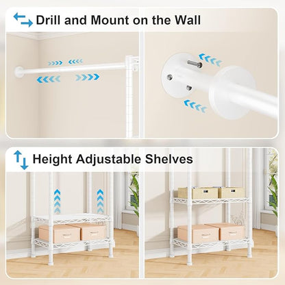 Ulif M2 Wall Mounted Closet System, Clothes Rack Mounted onto the Wall with 4 Expandable Hanger Rods and 5 Metal Shelves, Clothing Organizer Storage in (70.8-102.3)" L x 14.5" D x 71.2" H, White