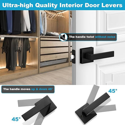 Estmoon 2 Pack Passage Door Levers, Matte Black Door Knobs Interior Square Door Handles, Heavy Duty Non-Locking Leversets Hall Closet Handles, Reversible for Right & Left Sided Doors