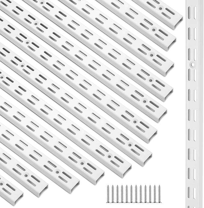 12 Pack 60 Inch Dual Track Upright Wall Shelving System Shelf Bracket Twin Slot Shelf Rail Twin Track Upright Heavy Duty Support System for Pantries, Linen Closets, Laundry Rooms (White)