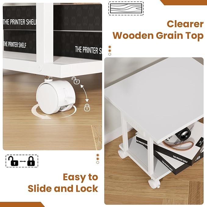 Printer Table, 2-Tier Under Desk Printer Stand with Charging Station, Printer Stand with Wheels, PrinterShelf for Small Spaces, Printer Cart for Home Office White