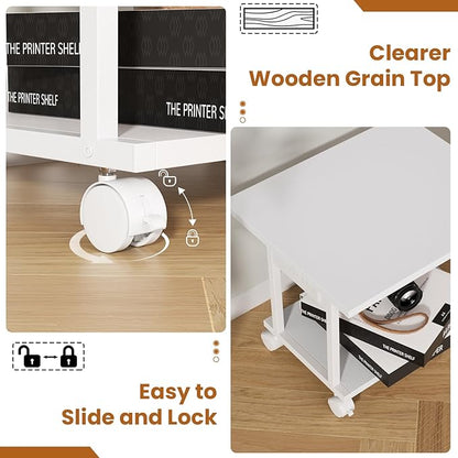 Printer Table, 2-Tier Under Desk Printer Stand with Charging Station, Printer Stand with Wheels, PrinterShelf for Small Spaces, Printer Cart for Home Office White