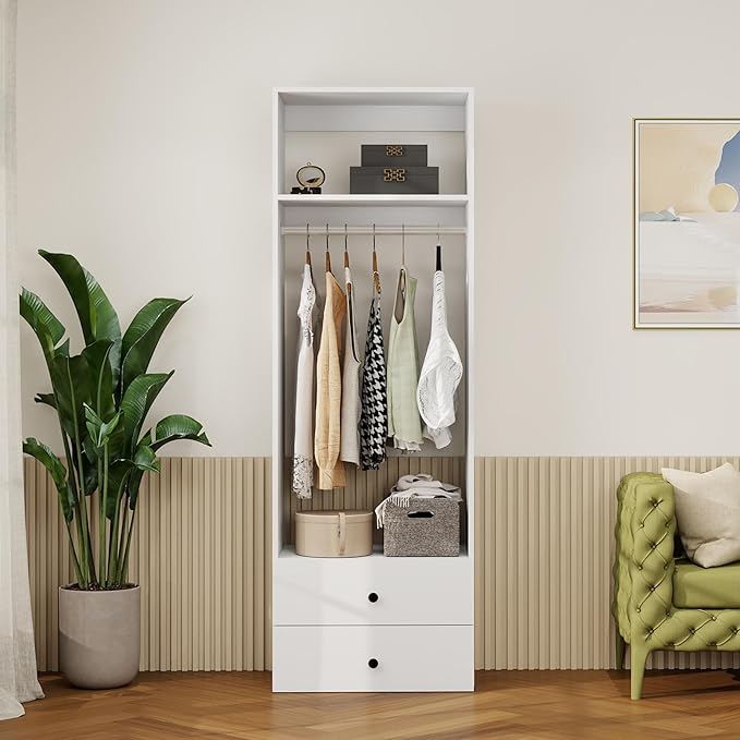 GraceGrove 71" High Modular Wooden Closet Organizer System with Shelves &2 Drawers, Wall Mount Shelving with Haning Rod, Walk in Closet Bedroom Organization,Closet Organizers and Storage, White