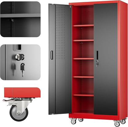 71" H Metal Garage Storage Cabinet with 5 Adjustable Shelves and Pegboard,Steel Storage Cabinet with Wheels for Garage Home Office Utility Room,Required Assembly, Red and Black