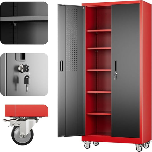 71" H Metal Garage Storage Cabinet with 5 Adjustable Shelves and Pegboard,Steel Storage Cabinet with Wheels for Garage Home Office Utility Room,Required Assembly, Red and Black