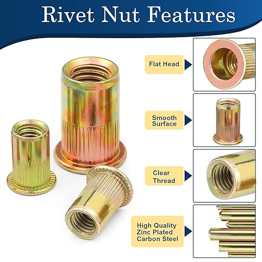 70Pcs M8 Rivet Nuts, Metric Zinc Plated Finish Carbon Steel Flat Head Threaded Insert Nutsert Kit