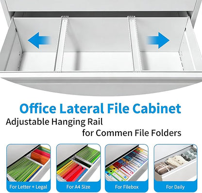 4 Drawer Lateral File Cabinet with Lock, Metal Lateral Filing Cabinet for Home Office, Steel Wide Horizontal Filing Cabinets for Letter/Legal/A4/F4 Hanging Files (White)