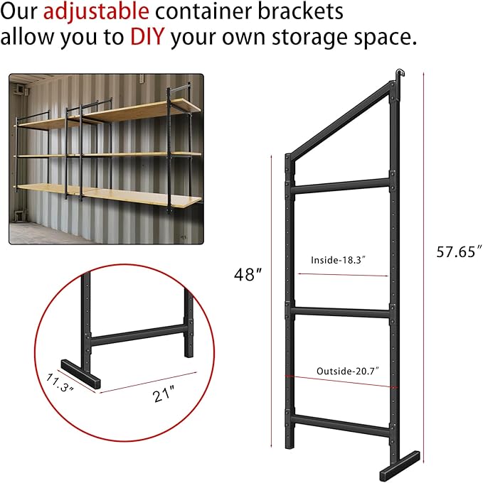 4 Pack Heavy-Duty Shipping Container Shelves with 57"(H) X 18"(W), DIY Adjustable 3-Tier Shipping Container Shelving Brackets, Shipping Container Accessories Universal