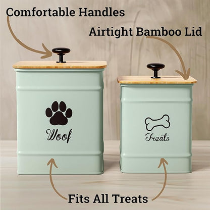 Dog Treat Container Airtight Set of 2 - 8x6 & 7x5 inch Iron Dog Treat Jars for Kitchen Counter with Airtight Bamboo Lids - 20 Cup Capacity Pet Treat Container Set - Doggie Cookie Jar - Treats Canister