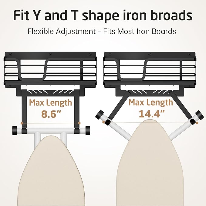 KES Ironing Board Hanger Wall Mount with 90lb High-Capacity, 3X Heavy Duty Ironing Board Holder with T&V Shaped Hooks, Extra Large Storage Basket, No Breaking Sturdy Screws Included, Black, HIR502-BK