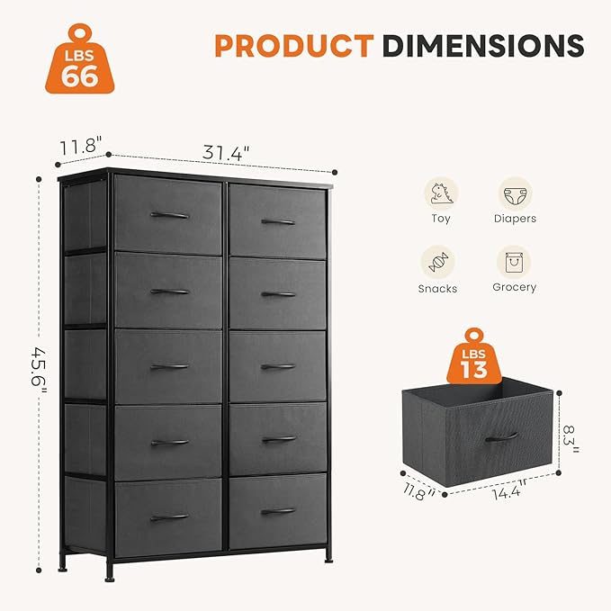 Sweetcrispy 10 Drawer Fabric Dresser Storage Tower with Bins, Tall Chest Organizer for Bedroom Closet Hallway, Steel Frame Wood Top Easy Pull Handles,Dark Gray