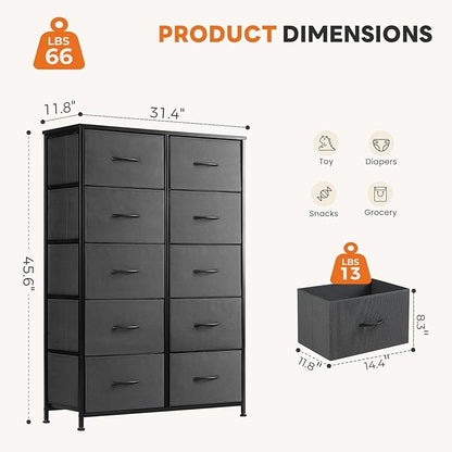Sweetcrispy 10 Drawer Fabric Dresser Storage Tower with Bins, Tall Chest Organizer for Bedroom Closet Hallway, Steel Frame Wood Top Easy Pull Handles,Dark Gray