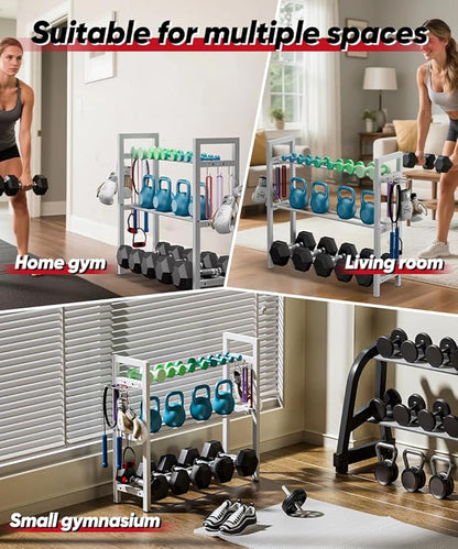Adjustable Dumbbell Rack, Weight Storage Stand Holder for Dumbbells & Kettlebells, Heavy-Duty Metal Home Gym Workout Organizer with Hook for Gym Equipment Accessories (Rack Only)