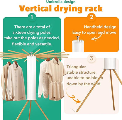 Tripod Clothes Drying Rack, Laundry Drying Rack for Clothing, Foldable Collapsible Space-Saving Umbrella Dryer with 16 Rods, Floor Standing Rack for Indoor Outdoor Use, Wooden