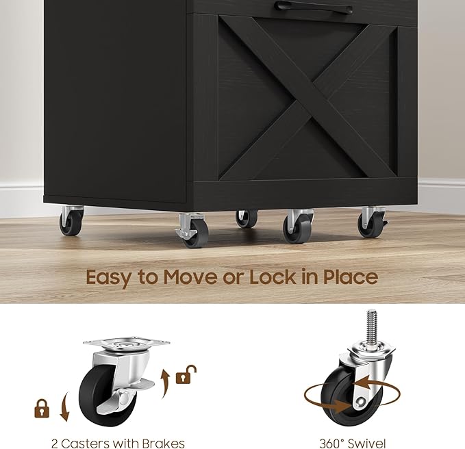2 Drawer Small File Cabinet with Wheels, Farmhouse Vertical Filing Cabinet Fits A4 or Letter Size, Under Desk Rolling File Cabinets for Home Office, Wooden Printer Stand, Black