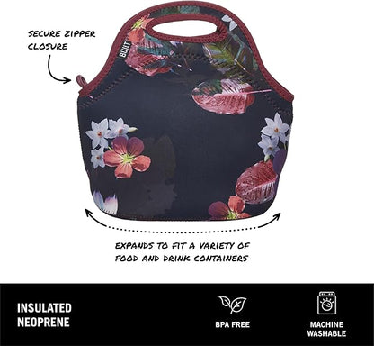 BUILT Gourmet Getaway Soft Neoprene Lunch Tote, Lightweight, Insulated, and Reusable, One Size, Midnight Botanical